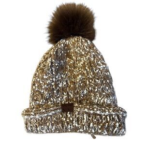 C. C. Exclusives Womens OS Knitted Tobaggan Pom Pom Lined Tan White Speckle